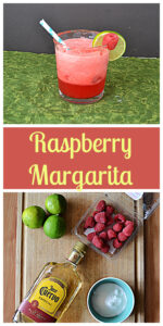 Pin Image: A glass of deep pink Raspberry Margaaritas with a straw in it and a lime slice and a raspberry on the rim, text, a cutting board with three limes, a container of raspberries, a bottle of tequila, and a cup of sugar on it.
