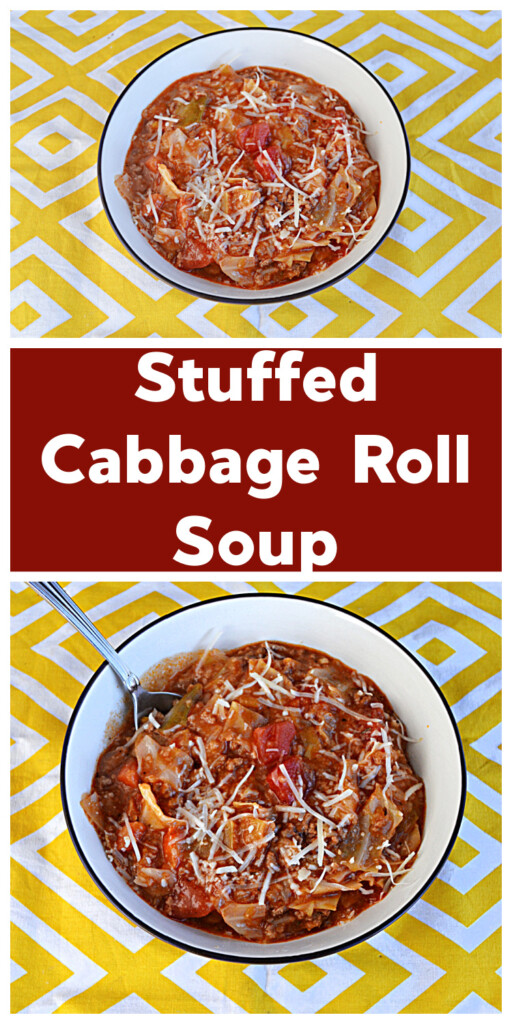 Pin Image:   A bowl of stuffed cabbage soup, Text title, A bowl of stuffed cabbage soup with a spoon in it.