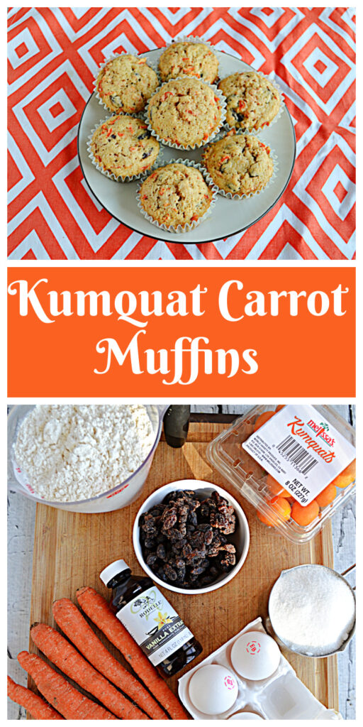 Pin Image: A plate with Carrot Cake Muffins piled high on it, text, a cutting board with a cup of flour, a container of kumquats, a bowl of raisins, a bottle of vanilla, a cup of sugar, a few eggs, and a bunch of carrots. 
