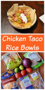 Pin Image: A bowl with chicken, cheese, jalapenos, and rice with tortilla chips around the edges, text, a bag of corn, a bag of rice, a red onion, a bag of cheese, tomatoes, limes, and a pack of chicken.