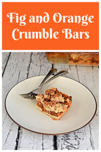 Pin Image: Text. a plate with a fig crumble bar on it and 2 forks.