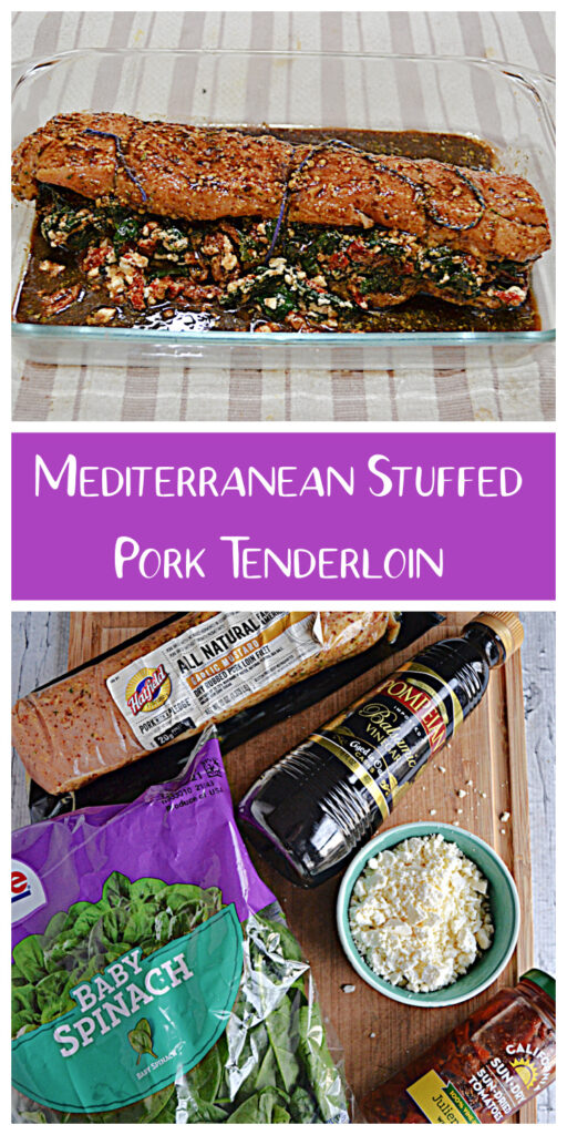 Pin Image:   A baking dish with a pork loin inside tied with string and covered with balsamic, text, a cutting board with a pork loin, a bottle of vinegar, a bowl of feta, a jar of tomatoes, and a bag of spinach on it. 