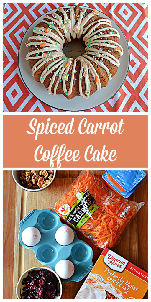 Pin Image:  A Carrot Bundt Cake with a Brown Butter Drizzle on top, Text Title, a cutting board with 3 eggs, a box of carrot cake mix, a cup of craisins, a bag of shredded carrots, and a bowl of nuts on it. 