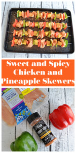 Pin Image: A pan with 4 chicken, bell pepper, and pineapple kabobs on it, text title, a board with a pack of chicken, a green pepper, a red pepper, pineapple, and a jar of seasoning on it.