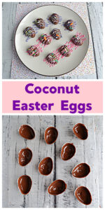 Pin Image: A plate with chocolate coconut Easter eggs on it drizzle in pink and purple chocolate and colored sprinkles, text title, a mold with chocolate in the egg mold.