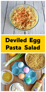 Pin Image: A bowl of Deviled Egg Macaoni Salad with paprika on top, text title, a cutting board with a lemon, a bowl of macaroni noodle, 4 hard boiled eggs, a bowl of mustard, a bowl of mayonnaise, a bottle of hot sauce, and a bunch of green onions on it.