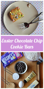 Pin Image: A plate with a chocolate chip cookie bar and two forks, Text Title, a cutting board with a cup of flour, a bowl of chocolate chips, a bag of pastel chips, a stick of butter, a tube of vanilla paste, an egg, a cup of sugar, and a cup of brown sugar.