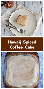 Pin Image: A plate with a slice of coffee cake with 2 forks and a coffee mug, text title, a baking dish with coffee cake with cream cheese frosting on top.