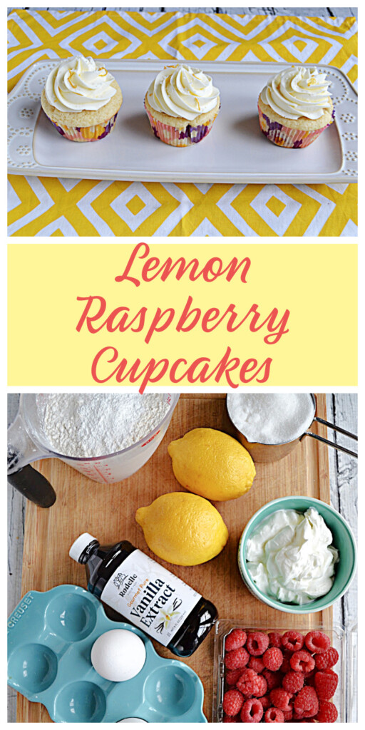 Pin Image:   A white platter with three cupcakes topped with vanilla lemon frosting, text title, a cutting board with a cup of flour, 2 lemons, a bottle of vanilla, a pint of fresh raspberries, an egg, a bowl of sour cream, and a cup of sugar. 