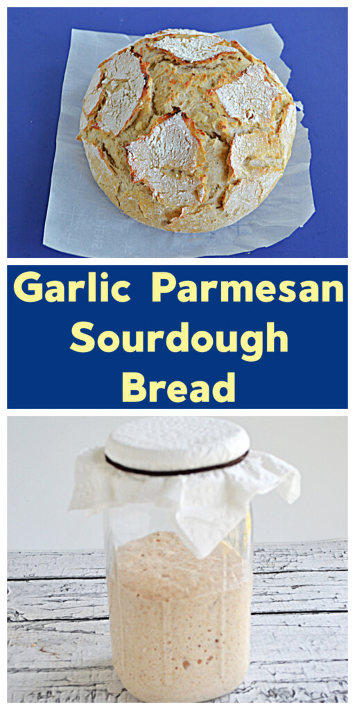 Pin Image:  A gorgeous Sourdough Bread Boule, text time, a jar of sourdough starter