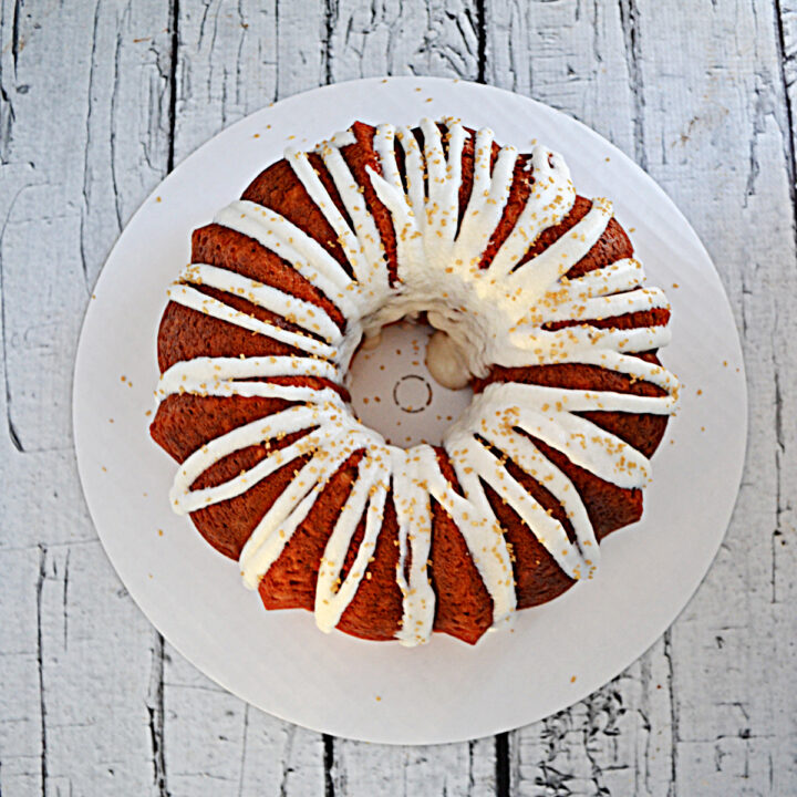 A Bundy Cake with white glaze drizzled on top.