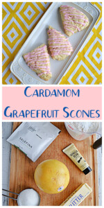 Pin Collage: A platter of three grapefruit scones with pink glaze on top, text title, a cutting board with a grapefruit, a bag of green cardamom pods, a cup of flour, an egg, a stick of butter, and a tube of vanilla paste.