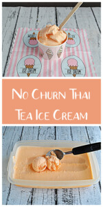 Pin Image: A pink and white ice cream napkin with a bowl of Thai Tea Ice Cream with a wooden spoon in it, text title, A container of Thai Tea Ice Cream with an ice cream scooper in it scooping out the ice cream.