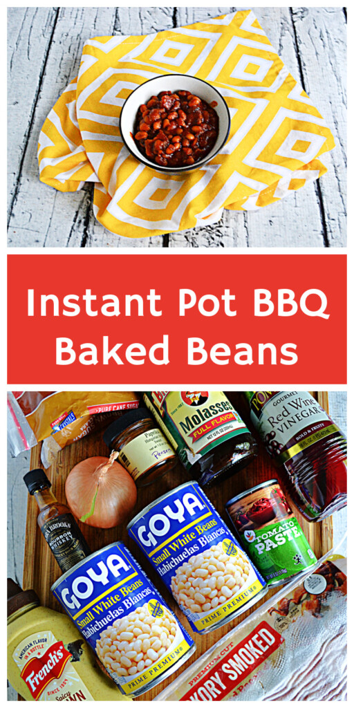 Pin Image:  A bowl of baked beans, text title, cutting board with 2 cans of beans, a bottle of molasses, a bottle of mustard, a bad of brown sugar, a can of tomato paste, a package of bacon.