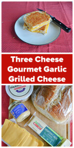 Pin Image: A grilled cheese sandwich cut in half, on a plate, with a knife behind it, text title, a block of cheese, sliced cheese, a jar of garlic, a tub of cheese, and a loaf of bread.