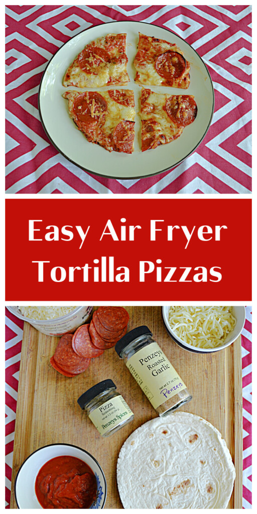 Pin Image:  A plate with a pepperoni tortilla pizza cut into quarters, text title, a cutting board with two bowls of cheese, a pile of pepperoni, a jar of garlic powder, a jar of pizza seasoning, tortillas, and a bowl of sauce. 