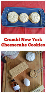 Pin Collage: A blue platter with three larger NY Cheesecake Cookies topped with cheesecake frosting, text title, a cutting board with a cup of flour, a cup of sugar, a stack of graham crackers, an egg, a stick of butter, and a bottle of vanilla on it.
