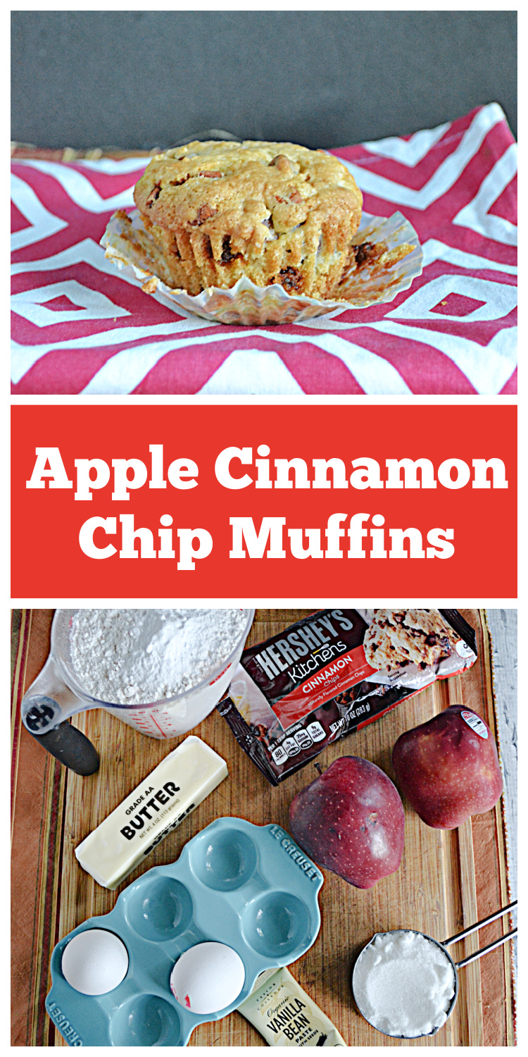 Pin Image:   An apple cinnamon muffin, text title, a cutting board with a cup of flour, a stick of butter, 2 eggs, a tub of vanilla, a cup of sugar, 2 apples, and a bag of cinnamon chips on it. 