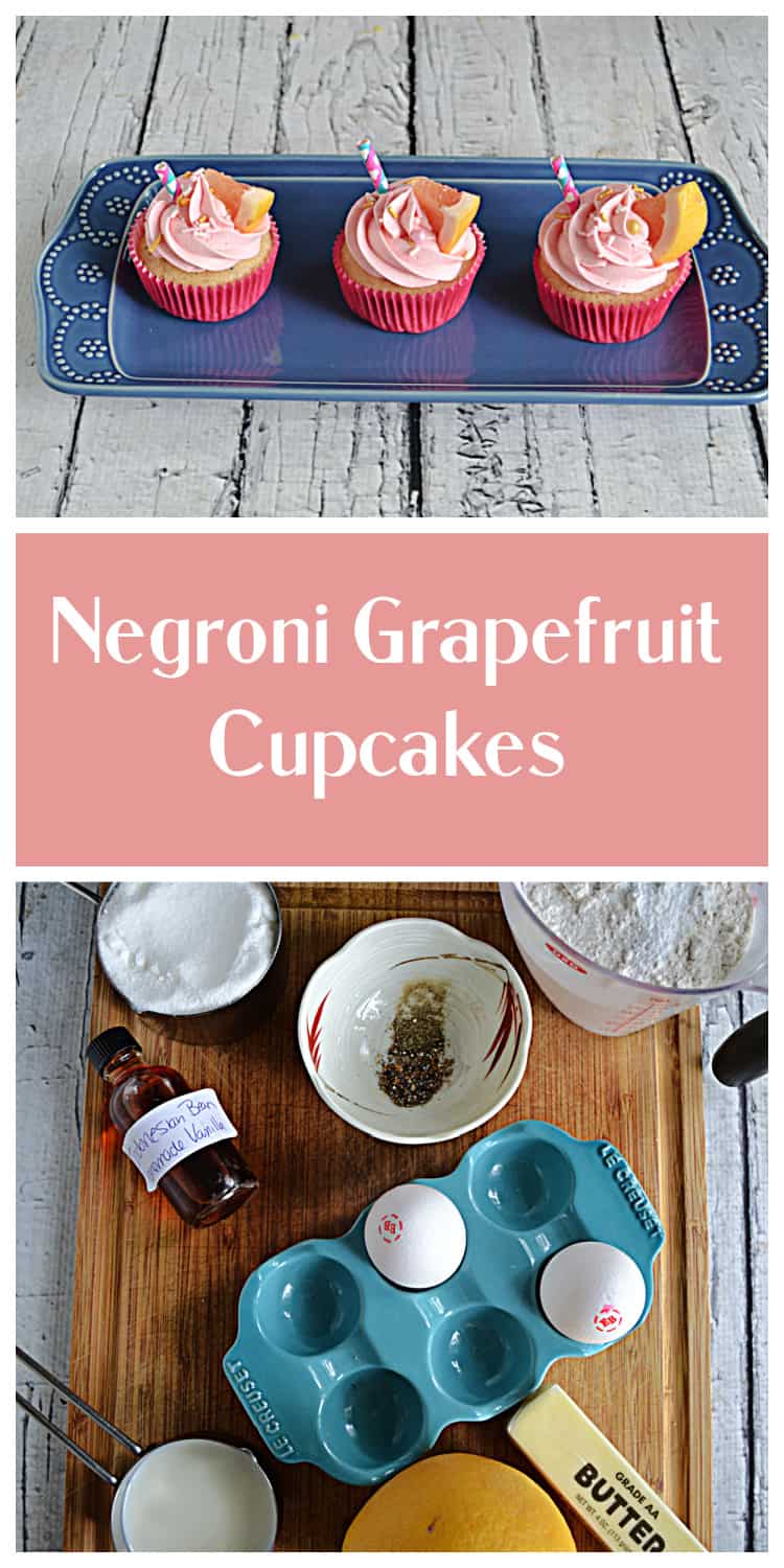 Pin Image:   A blue platter with three pink grapefruit cupcakes on it, text title, a cutting board with eggs, butter, sugar, spice mixture, vanilla, grapefruit, and flour on it. 