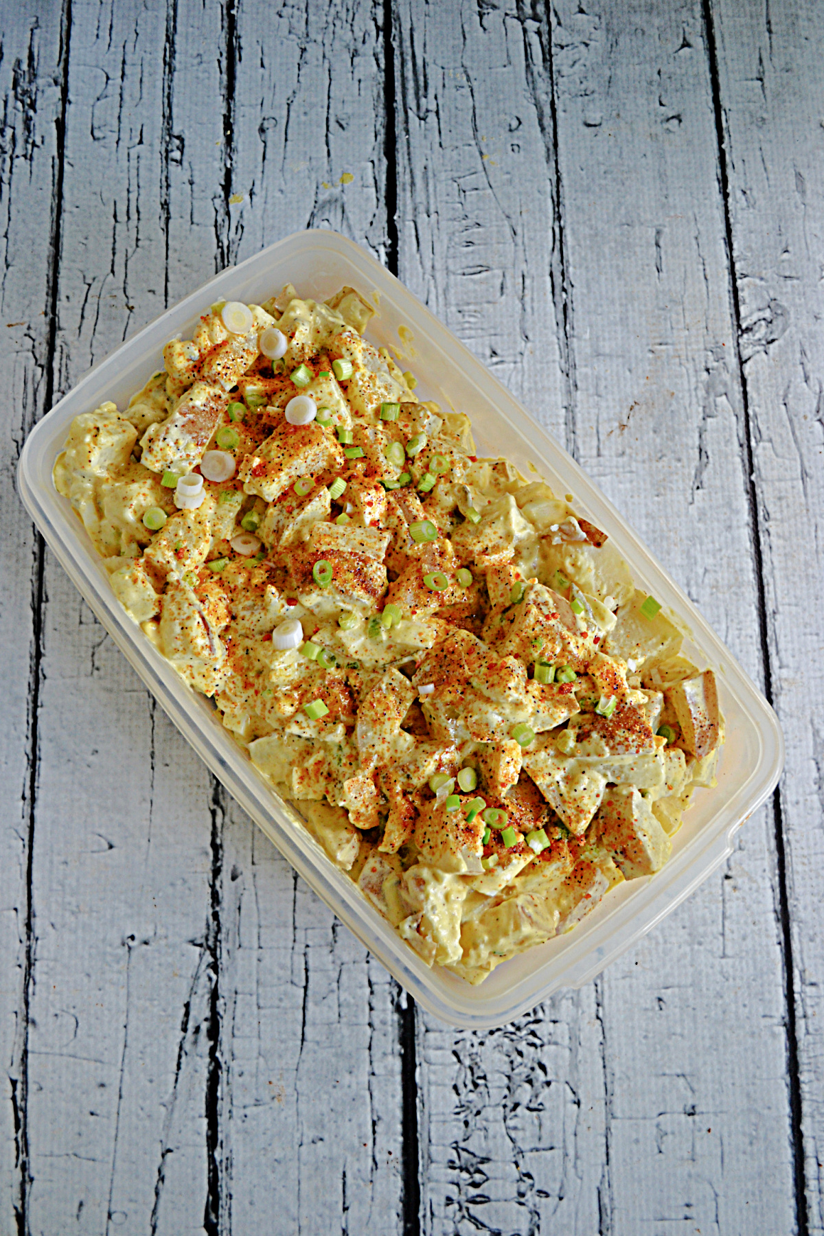 A container filled with potato salad.