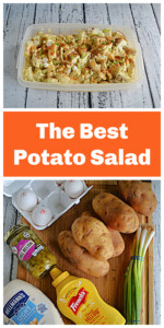 Pin Image: A container filled with potato salad, text title, a cutting board with 4 potatoes, a bottle of mustard, a bottle of mayonnaise, a carton of hard boiled eggs, a jar of pickle relish, and a bunch of scallions.