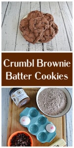 Pin Image: A plate piled high with brownie batter cookies, text title, a cutting board with eggs, espresso powder, chocolate chips, butter, and brownie mix on it.