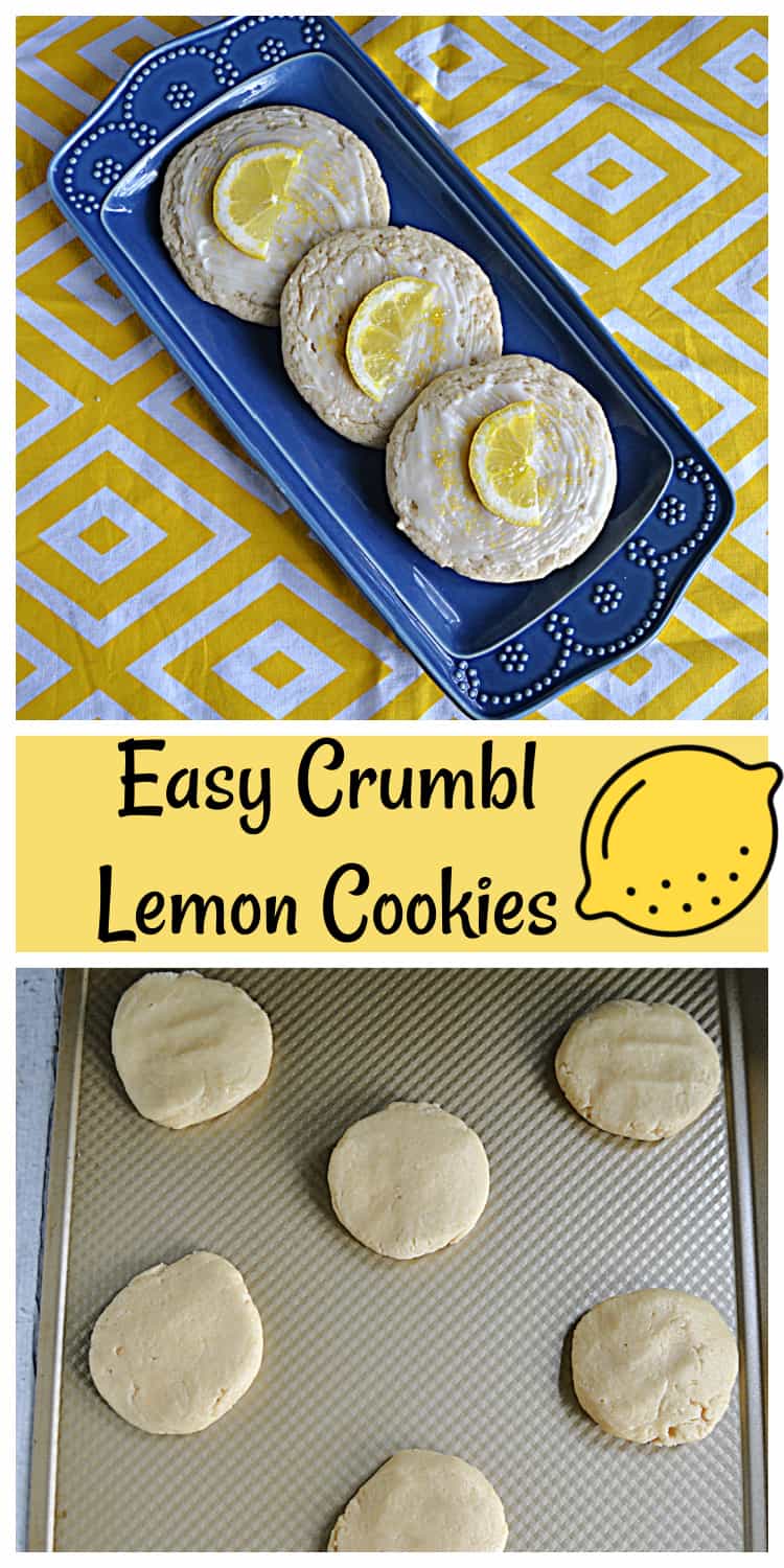 Pin Image:   A platter with 3 lemon cookies on it, text title, a cookie sheet with six unbaked cookies on it. 
