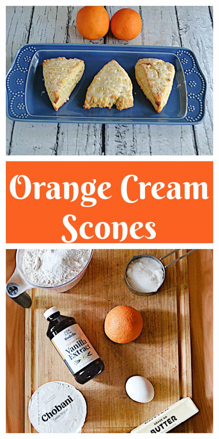 Pin Image:  A platter of scones, text title, a cutting board with ingredients on it. 