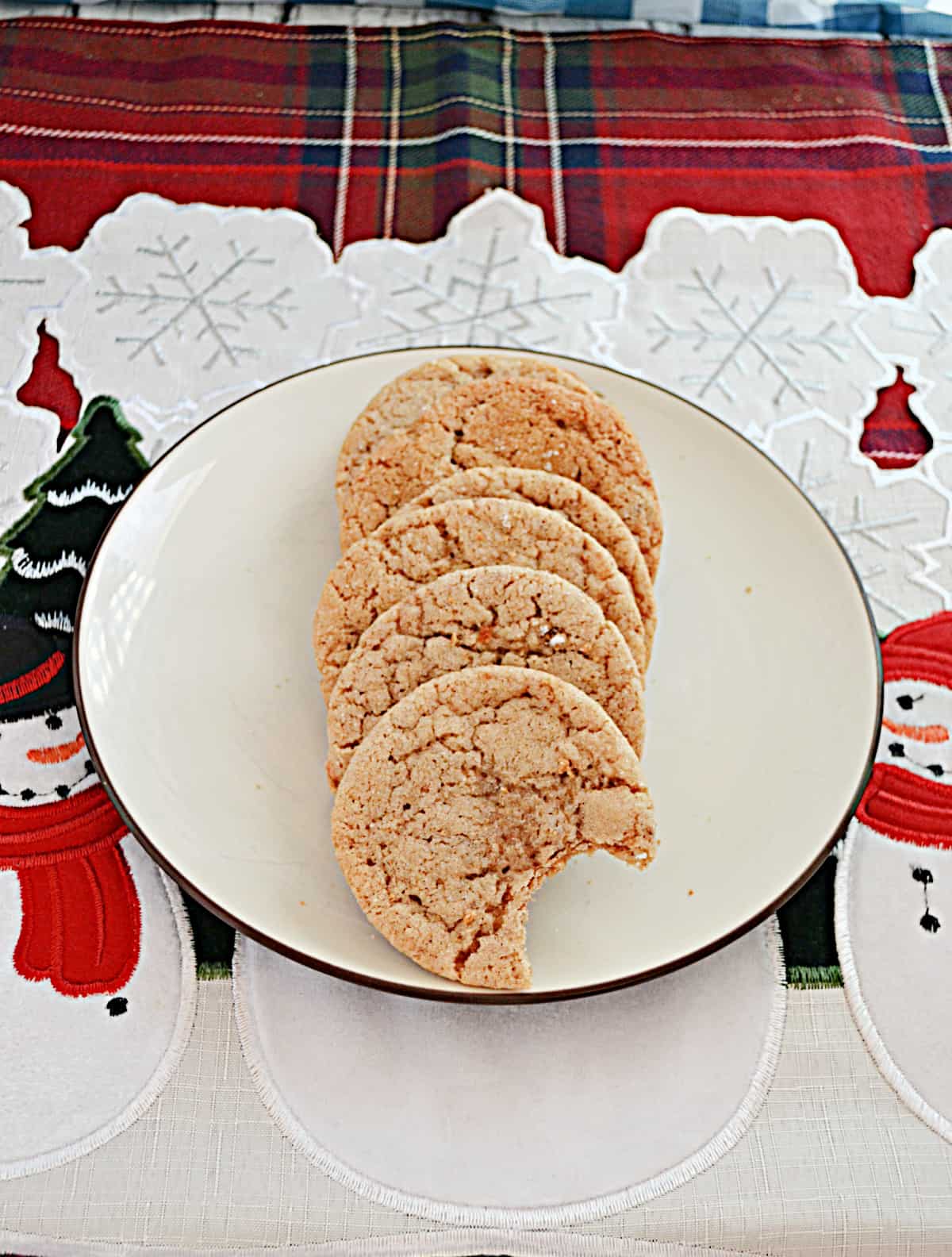 A plate of snickerdoodle cookies layered on top of each other with the last cookie having a bite taken out of it.