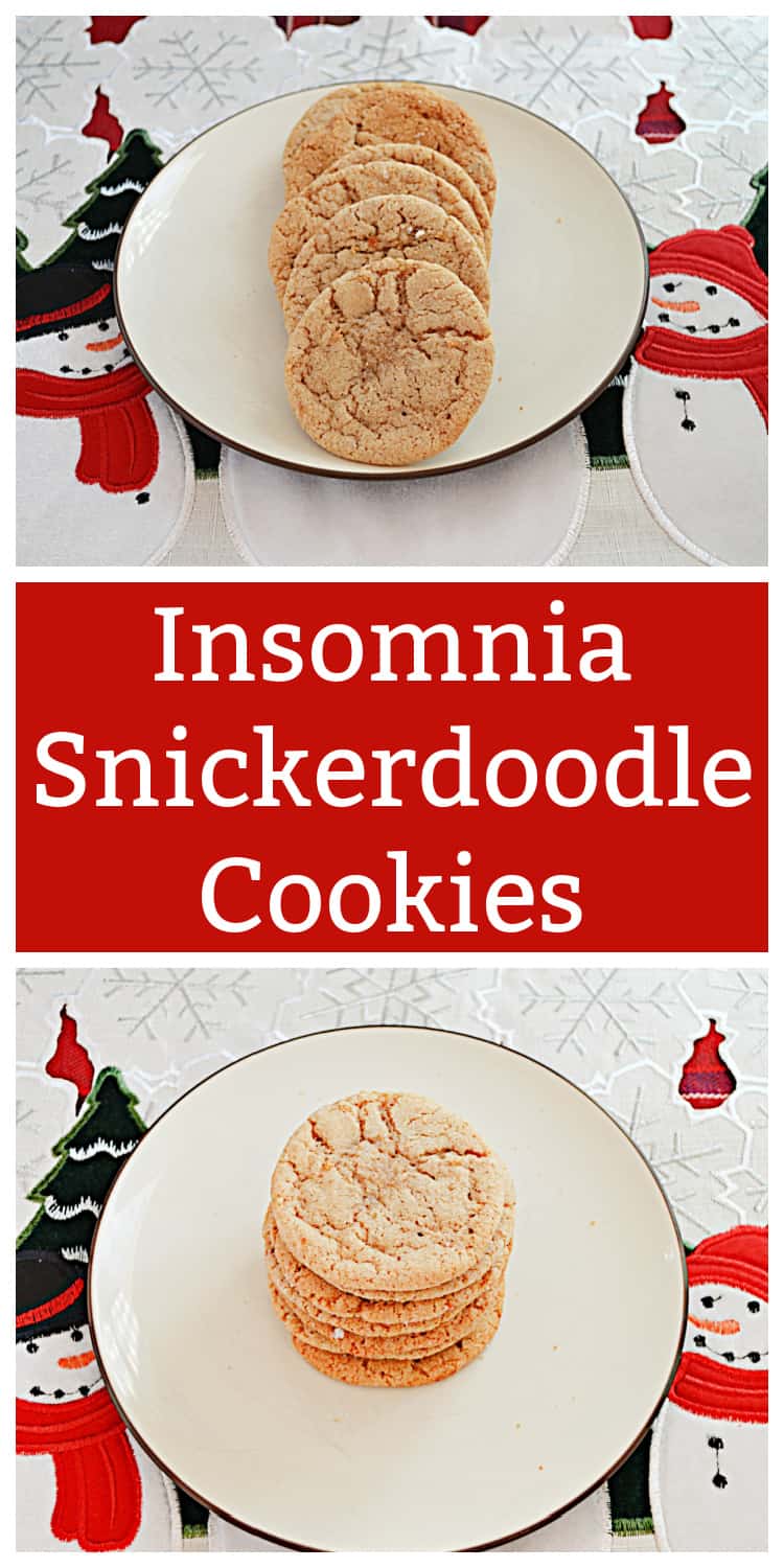 Pin Image: A plate of snickerdoodle cookies layered on top of each other, text title, a plate of cookies piled on top of each other.