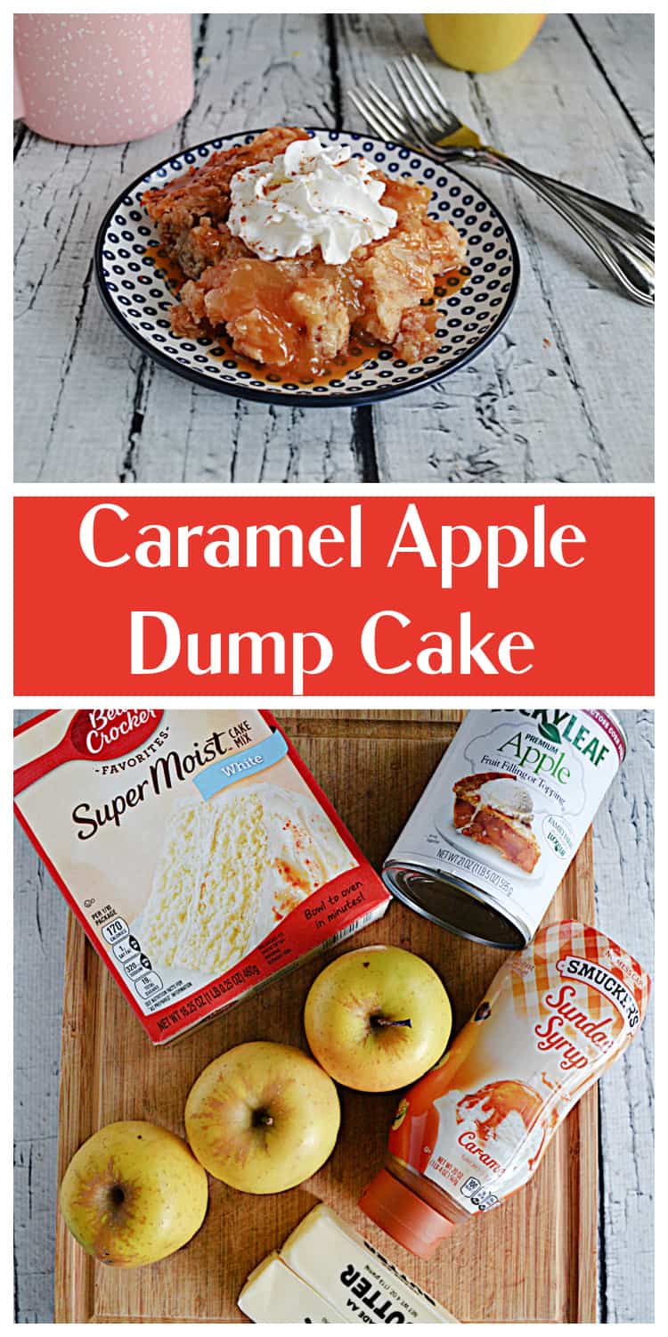 Pin Image:  A plate with apple dump cake, caramel sauce, and whipped cream on top with a coffee cup and apple in the background, text title, a cutting board with a box of cake mix, a can of apple pie filling, three apples, a bottle of caramel sauce, and a stick of butter on it.
