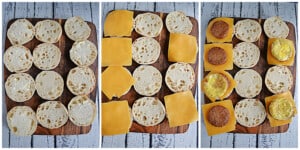 Pin Collage: A cutting board with six sets of English Muffins, a board with six muffins topped with cheese and six plain muffins, a board with six muffins topped with sausage, cheese, and eggs, and six plain muffins.