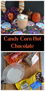 Pin image: A mug of orange candy corn hot chocolate with a fall wreath behind it, text title, a cuttin gboard with a cup of milk, a bag of candy corn, a carton of heavy cream, and a bag of white chocolate chips on it.
