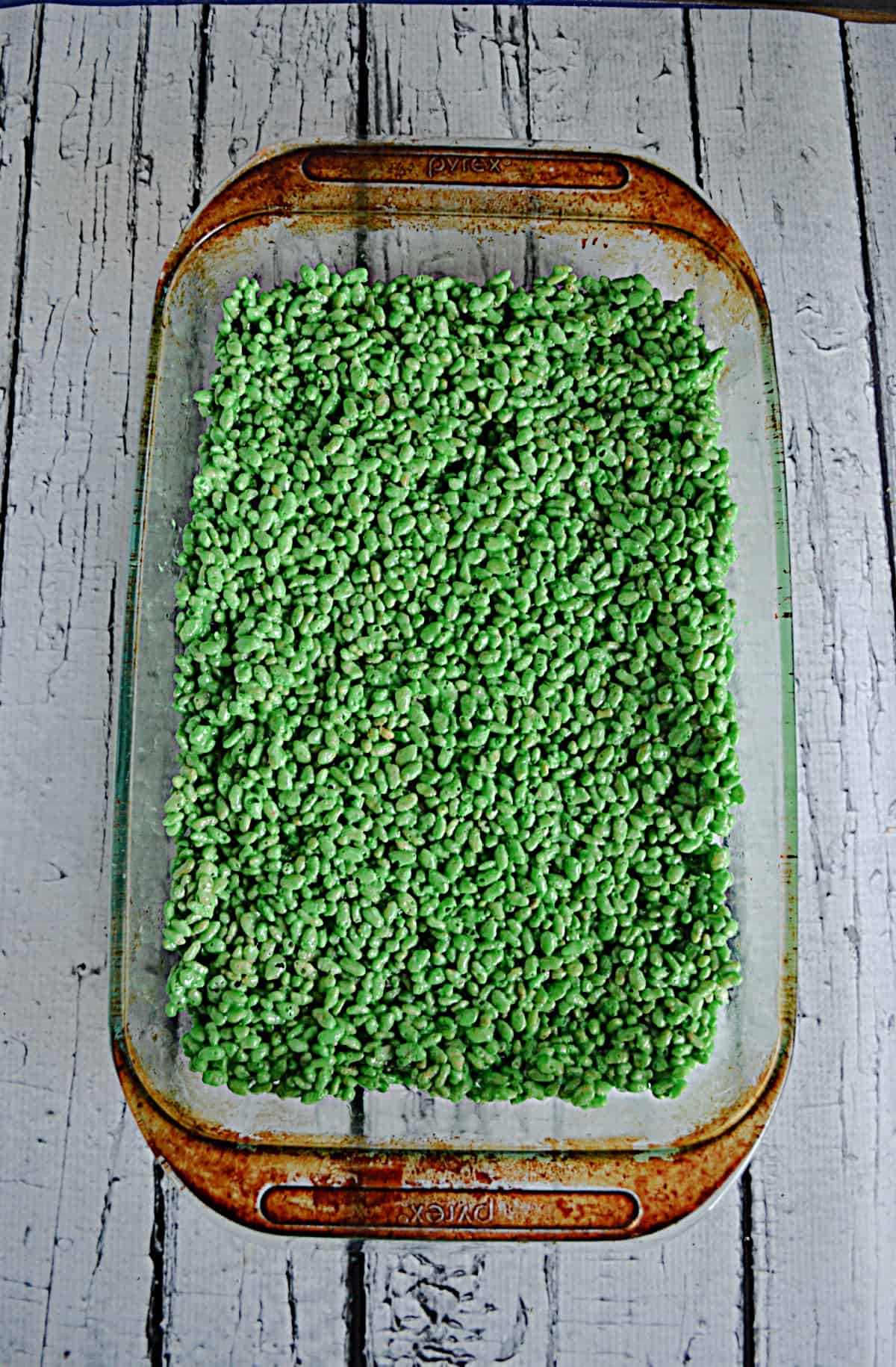 A pan of green Rice Krispies Treats