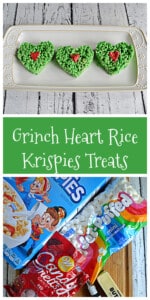 Pin Image: Three green heart shaped Rice Krispies Treats with a red heart in the middle, text, a box of Rice Krispies, a bag of marshmallows, a bag of candy melts, and butter.