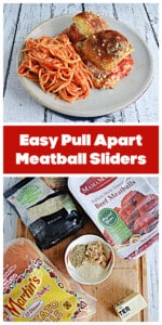 Pin Image: Top view of two meatball sliders and a portion of spaghetti, text title, a cutting board with a bag of cheese, a bag of rolls, a bowl of spices, a stick of butter, and a box of meatballs.