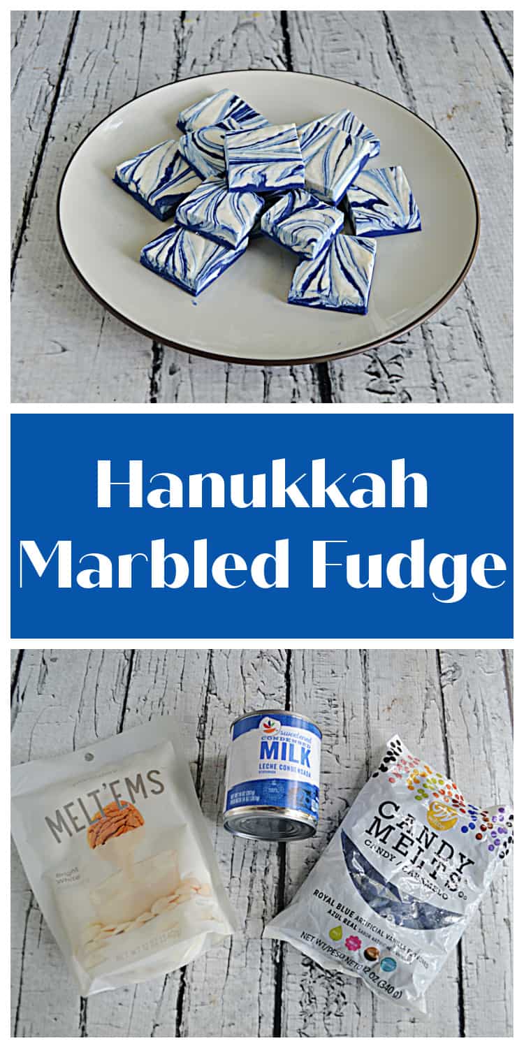 Pin Image:  A plate with pieces of white and blue swirled fudge on it, text title, A bag of white candy melts, a bag of blue candy melts, and a can of condensed milk.