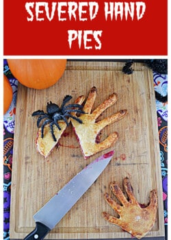 Pin Image: Text title, a severed hand pie cut with a knife with a spider on it.