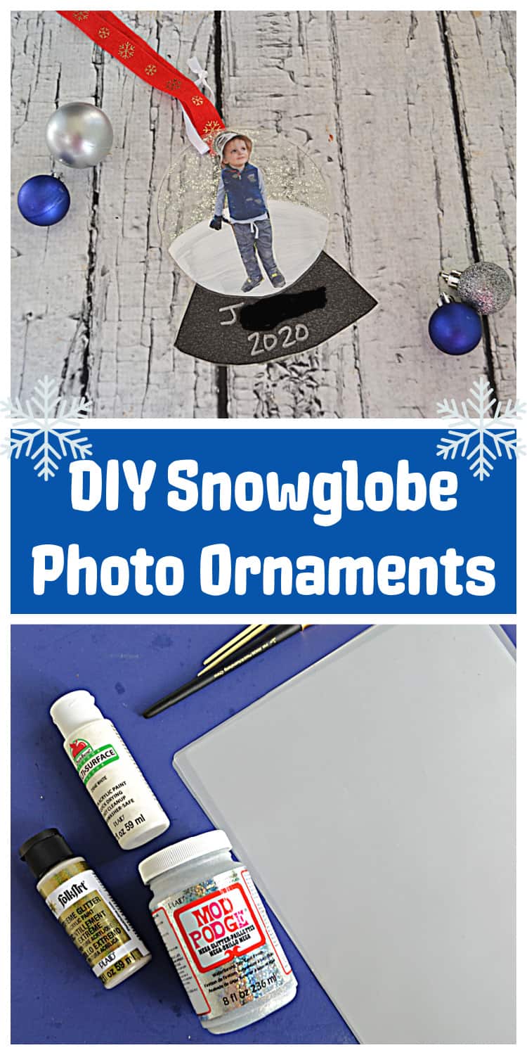Pin Image:  A DIY snowglobe ornament with a red ribbon hanger, text title, a photo of the materials needed. 