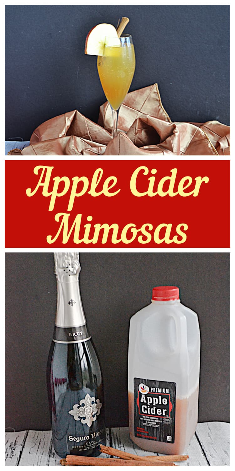 Pin Image:  A close up view of an apple cider mimosa in a champagne glass, text title, a bottle of champagn, a jug of apple cider, and cinnamon sticks.