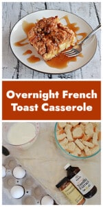 Pin Image: A plate with French Toast, syrup, and a fork, text, a cup of milk, a bowl of cut up bread, vanilla, cinnamon, and eggs.