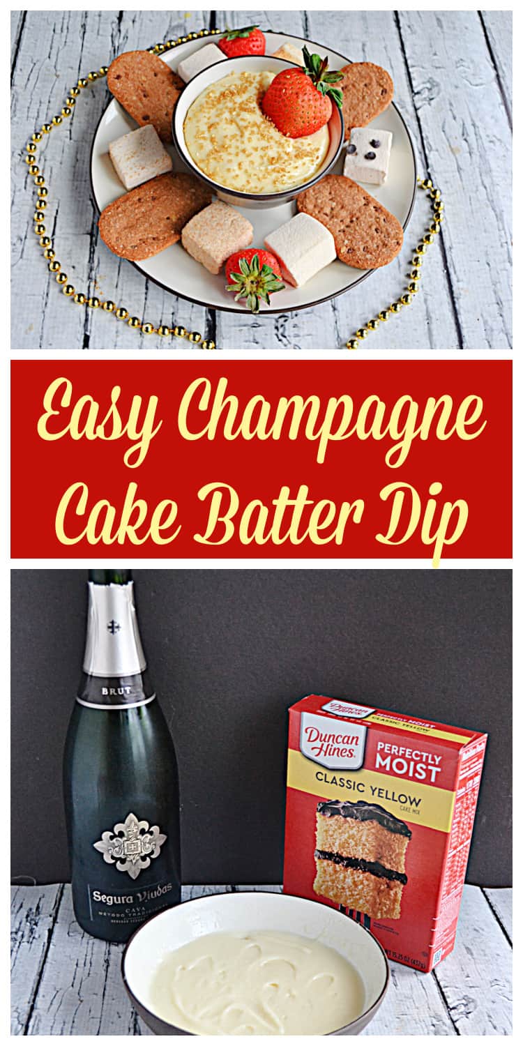 Pin Image:  A platter of fruits, graham crackers, and marshmallows with champagne cake dip in the middle, text title, A bottle of champagn, a box of cake mix, and a bowl of dip.