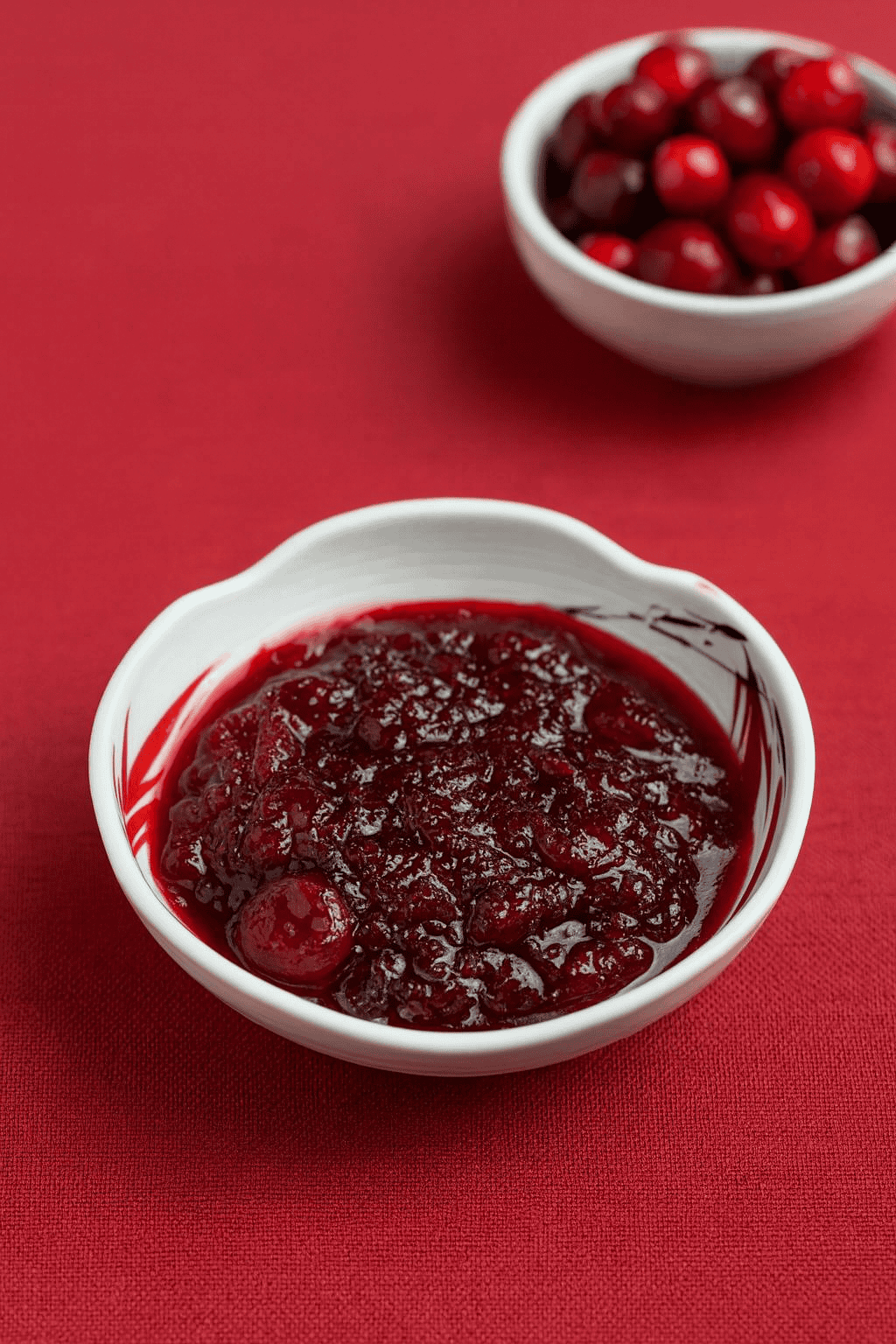 A bowl of cranberry sauce with a bowl of cranberries in the background.