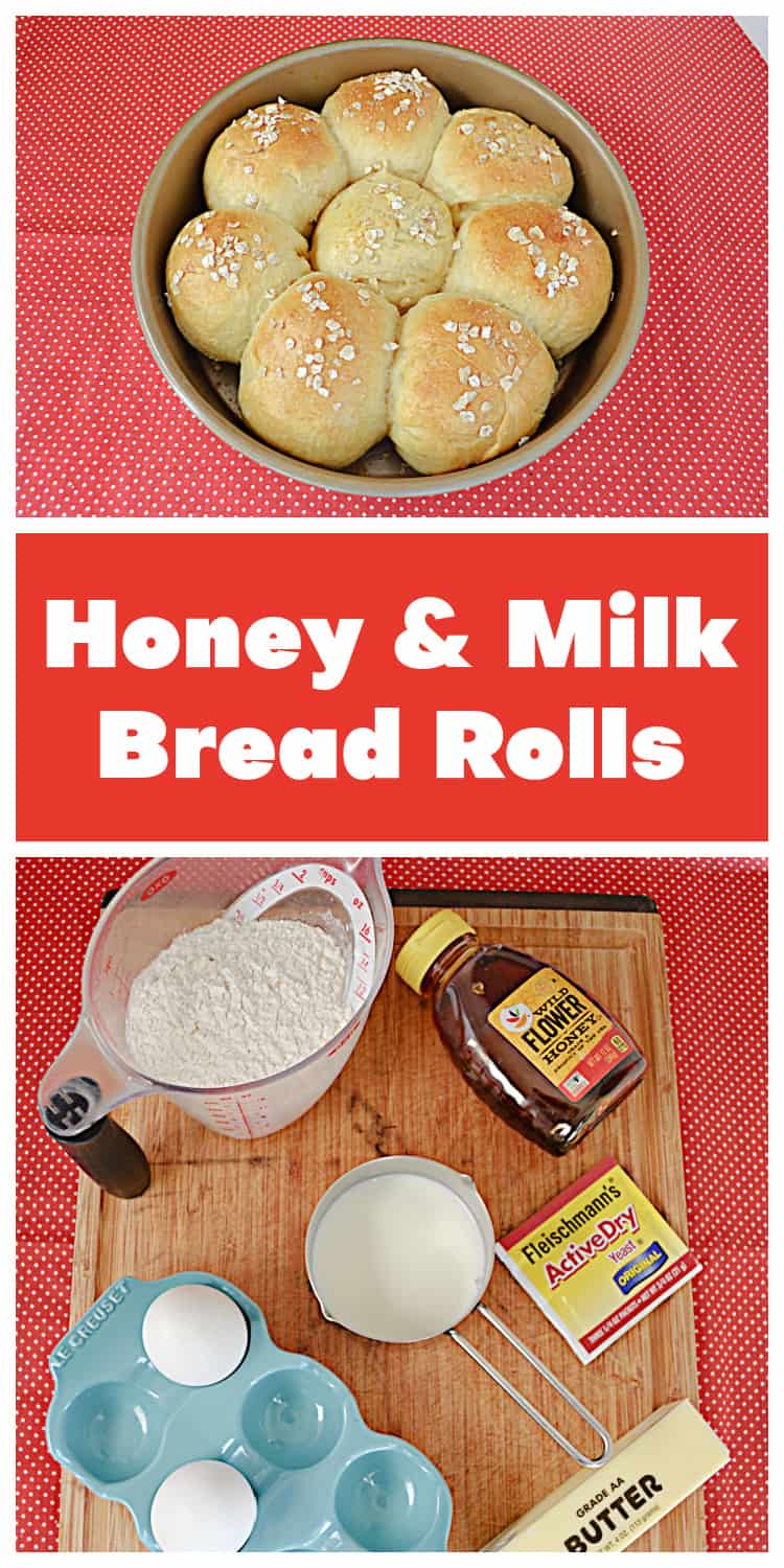 Pin Image:  A round pan with 8 golden brown rolls in it, text title, a shot of the ingredients. 