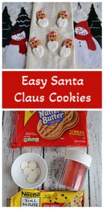 Pin Image: Five Santa Claus Nutter Butter Cookies, text title, a bag of Nutter Butter Cookies, white chocolate, red sprinkles, and mini chocolate chips