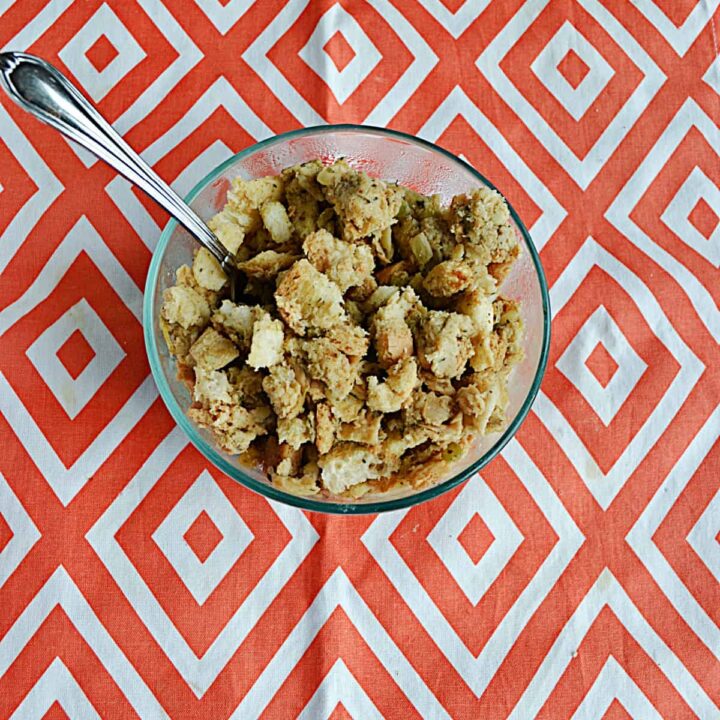 A bowl with stuffing in it.