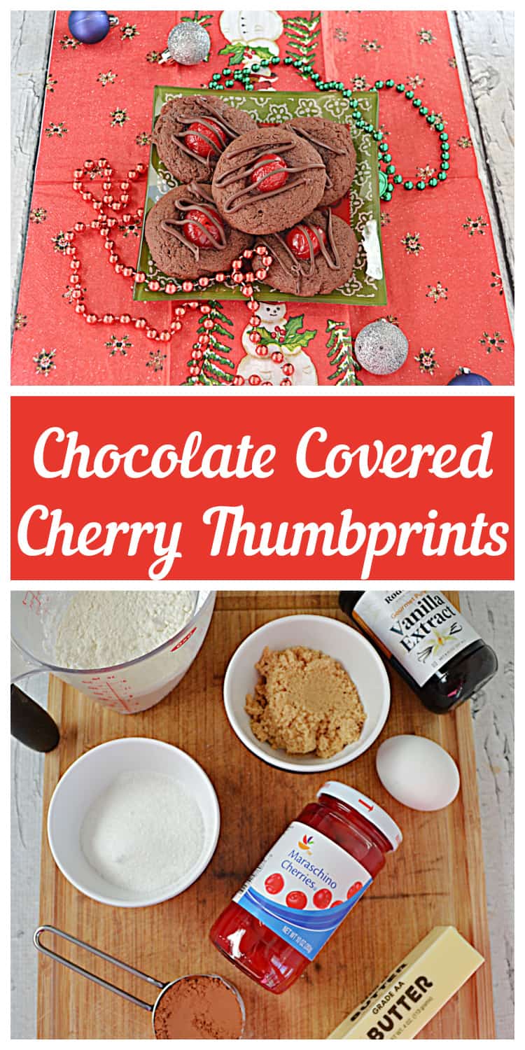 Pin Image:  A small plate piled with chocolate covered cherry thumbprint cookies, text title, a cutting board with ingredients on it. 