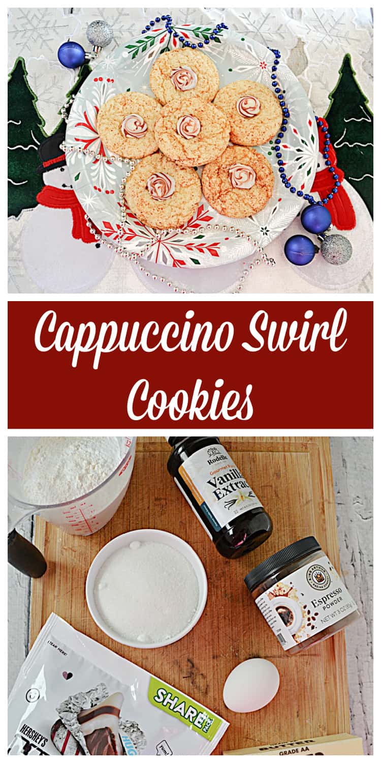 Pin Image: A plate of Cappuccino Cookies, text title, a cutting board with the ingredients on it.