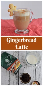 Pin Image: A mug of Gingerbread Latte with a gingerbread cookie on the rim, a text title, the ingredients to make a latte.