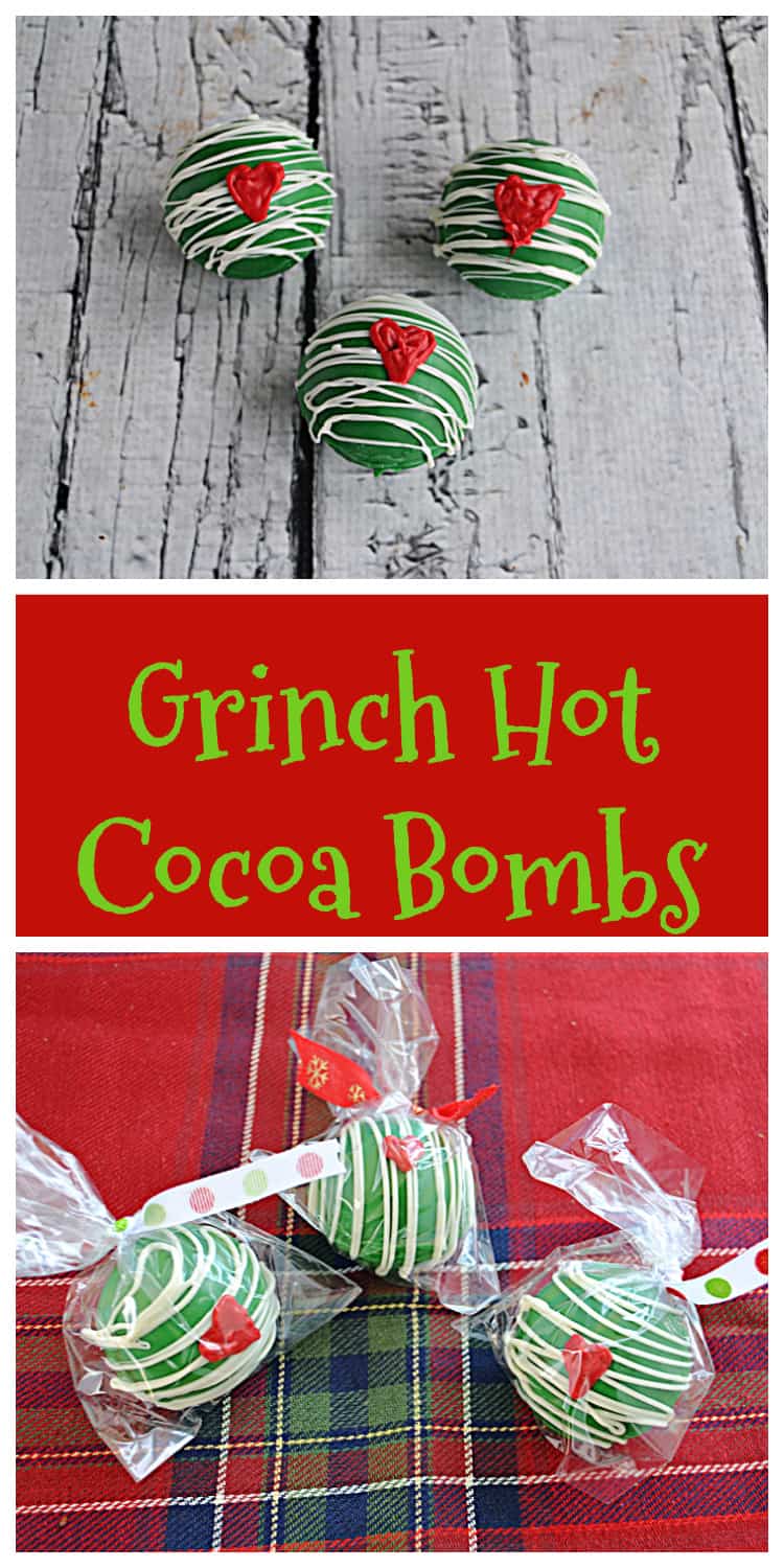 Pin Image:  A cluster of Grinch Hot cocoa Bombs, text title, a set of wrapped Grinch hot chocolate bombs.